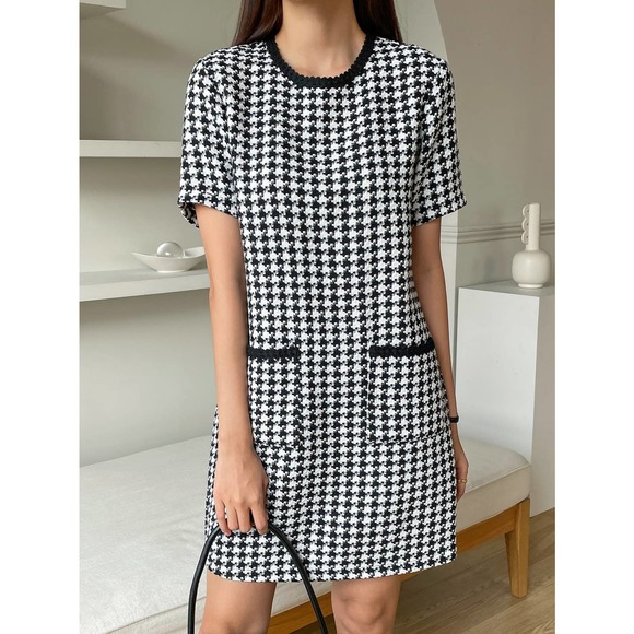 minimalist Houndstooth Print Tunic Dress black white - Picture 2 of 9